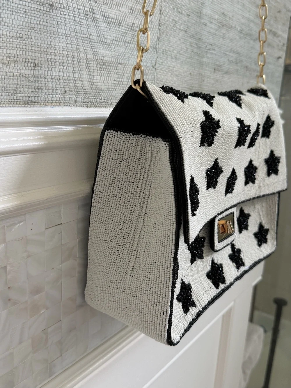 New Anthropologie oversized Maeve Beaded shoulder bag black stars white chain